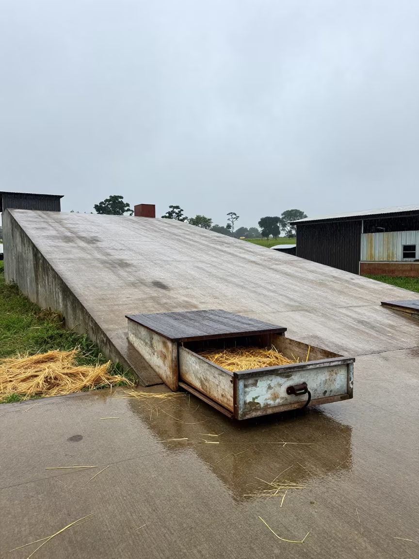 Rainy Barn Fan Belt Drawer Stockyard in at a stockyard loading ramp in Cameroon