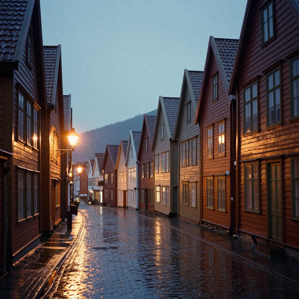 Rainy Bergen Dusk Street Scene with Traditional Wooden Facades in in Bergen, Norway