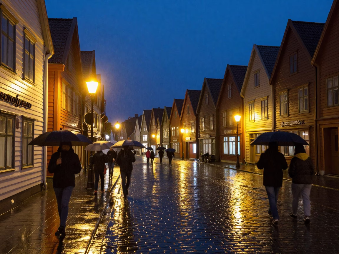 Rainy Bergen Night Street Scene with Umbrellas and Cobblestone Alleys in in Bergen, Norway