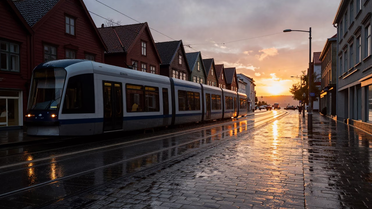 Rainy Bergen Norway Street Scene with Tram Reflections and Cobblestones at Sunset in in Bergen, Norway