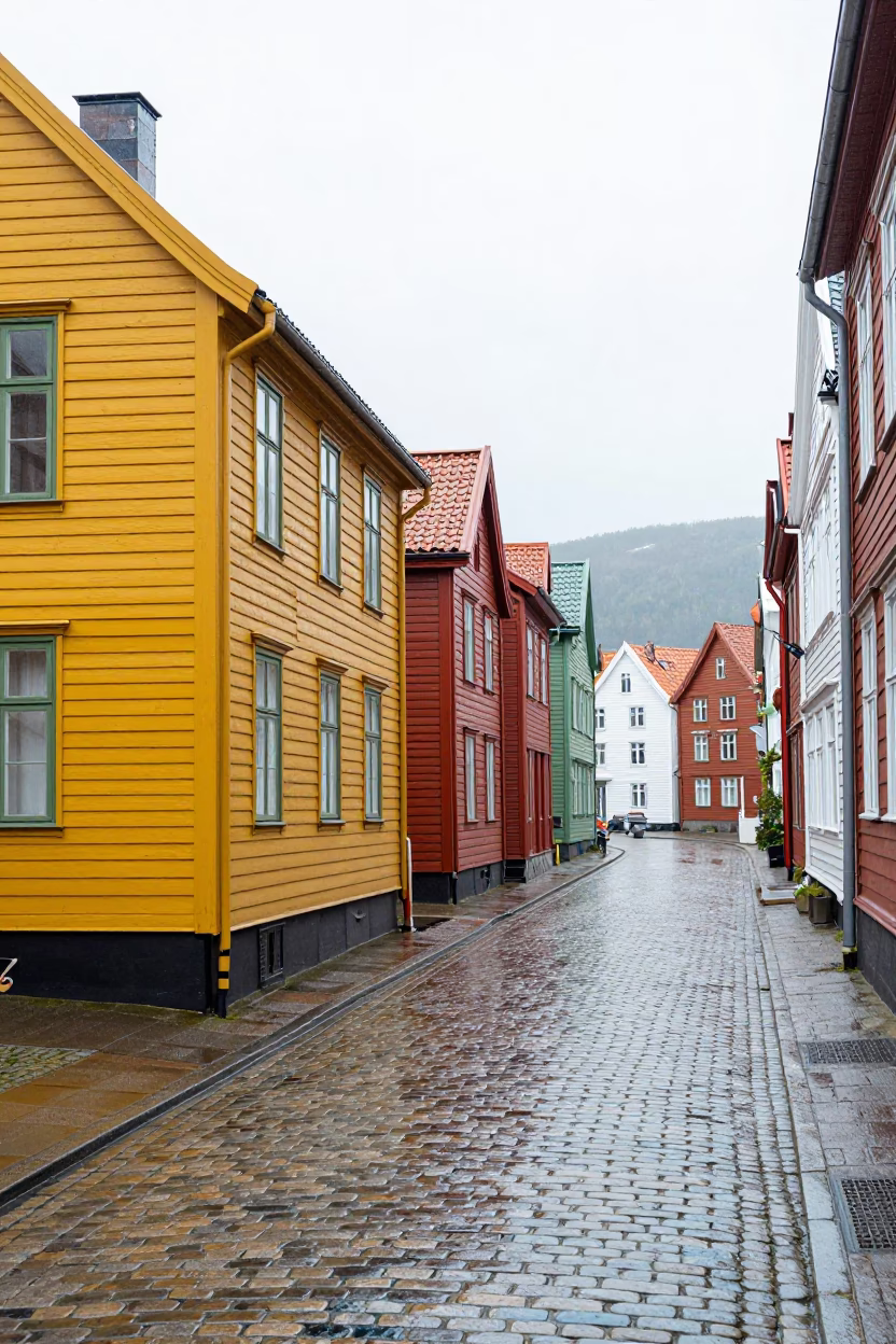 Rainy Bergen Norway Street Scene with Yellow House and Colorful Clothing in in Bergen, Norway