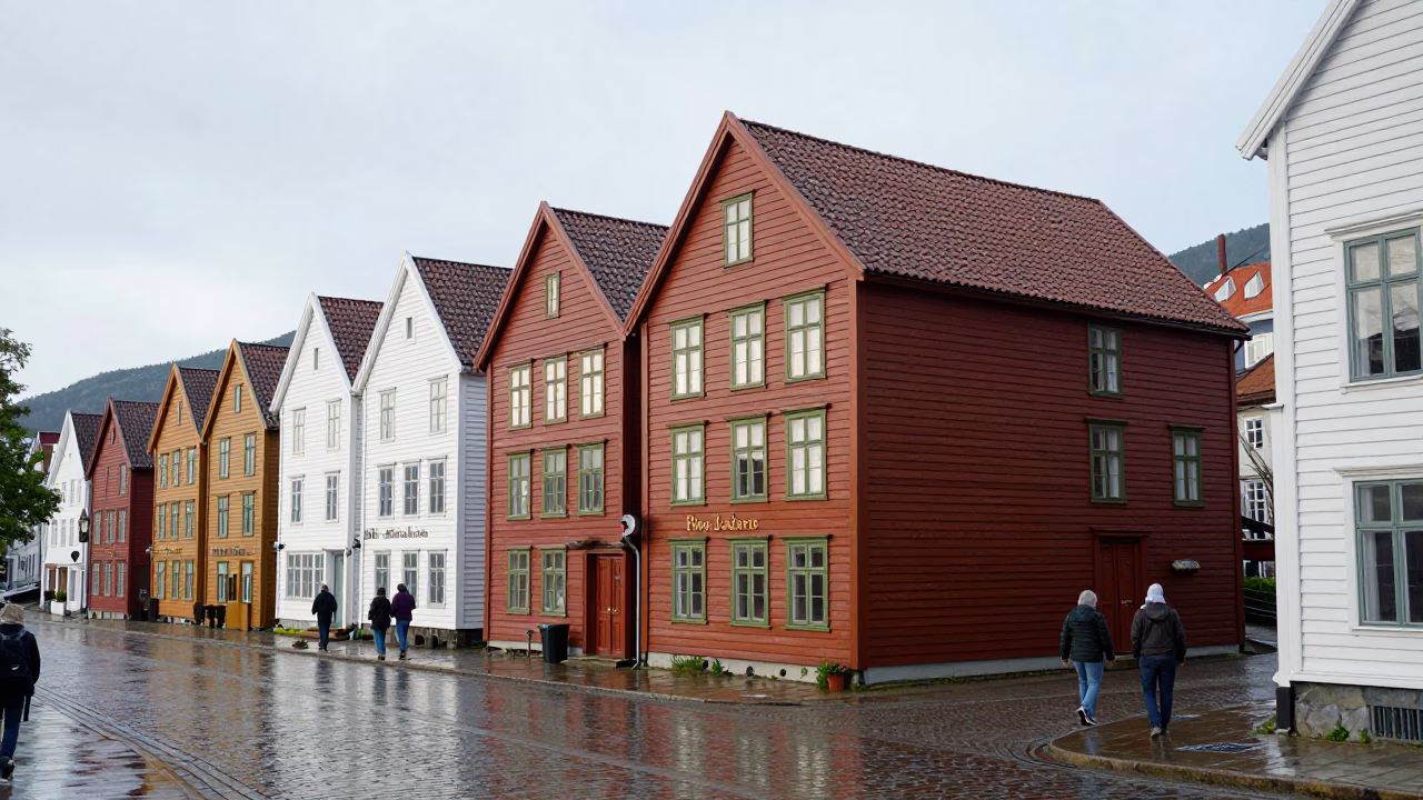 Rainy Bergen Street Corner with Traditional Wooden Houses and Umbrellas in in Bergen, Norway