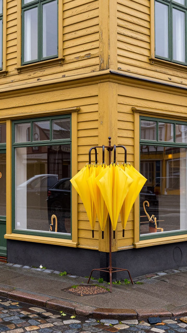 Rainy Bergen Street Corner with Yellow Shopfront and Hanging Umbrellas in in Bergen, Norway