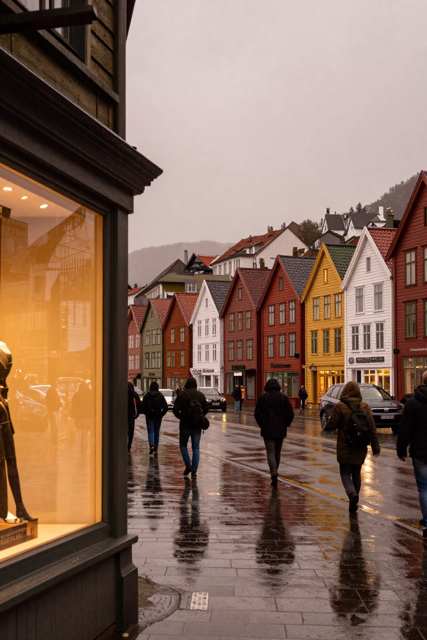 Rainy Bergen Street Scene with Colorful Wharf Houses and Pedestrians in Copper Light in in Bergen, Norway