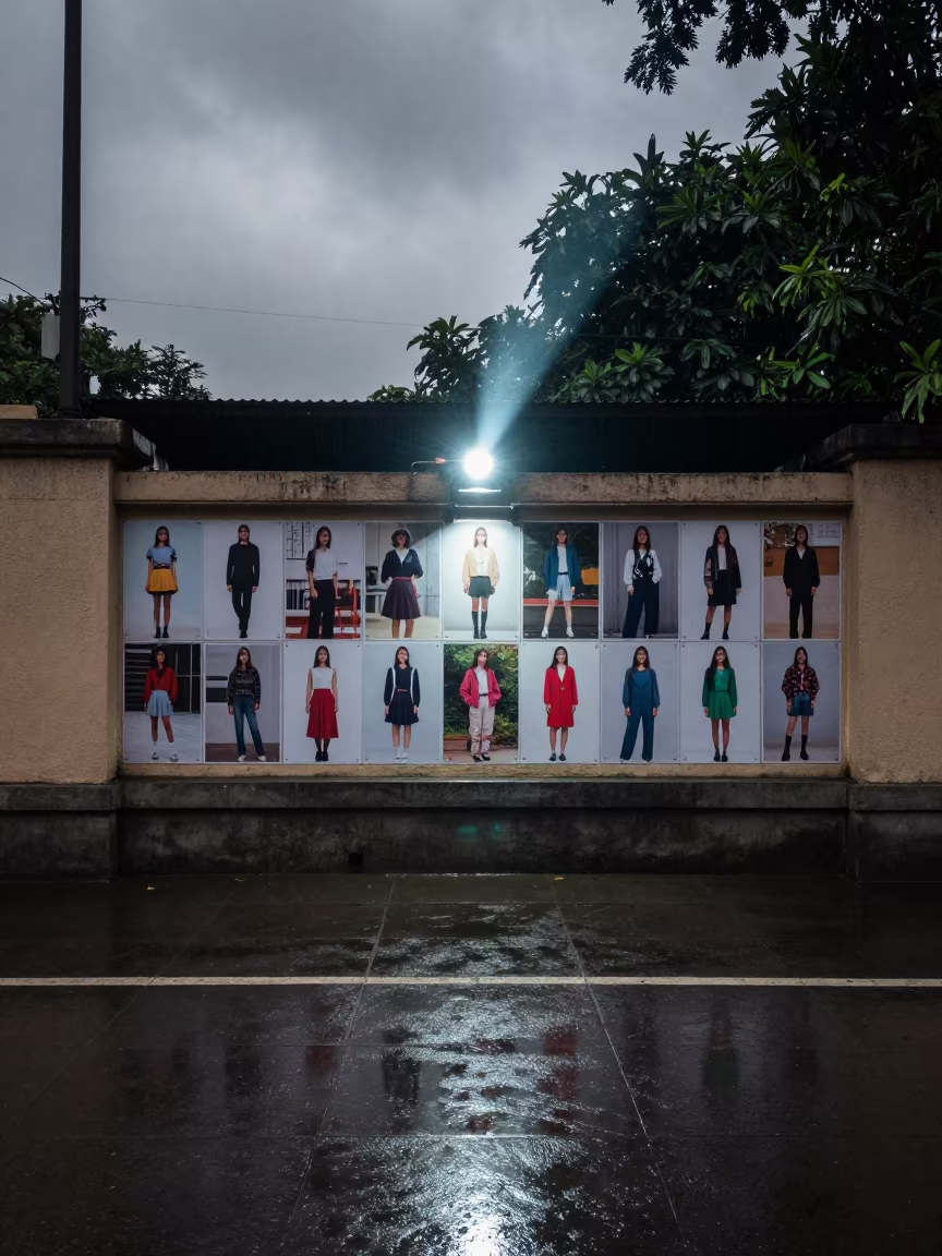 Rainy Bhubaneswar Sidewalk Fashion Classroom Projector Light in on a rain-darkened city sidewalk in Bhubaneswar