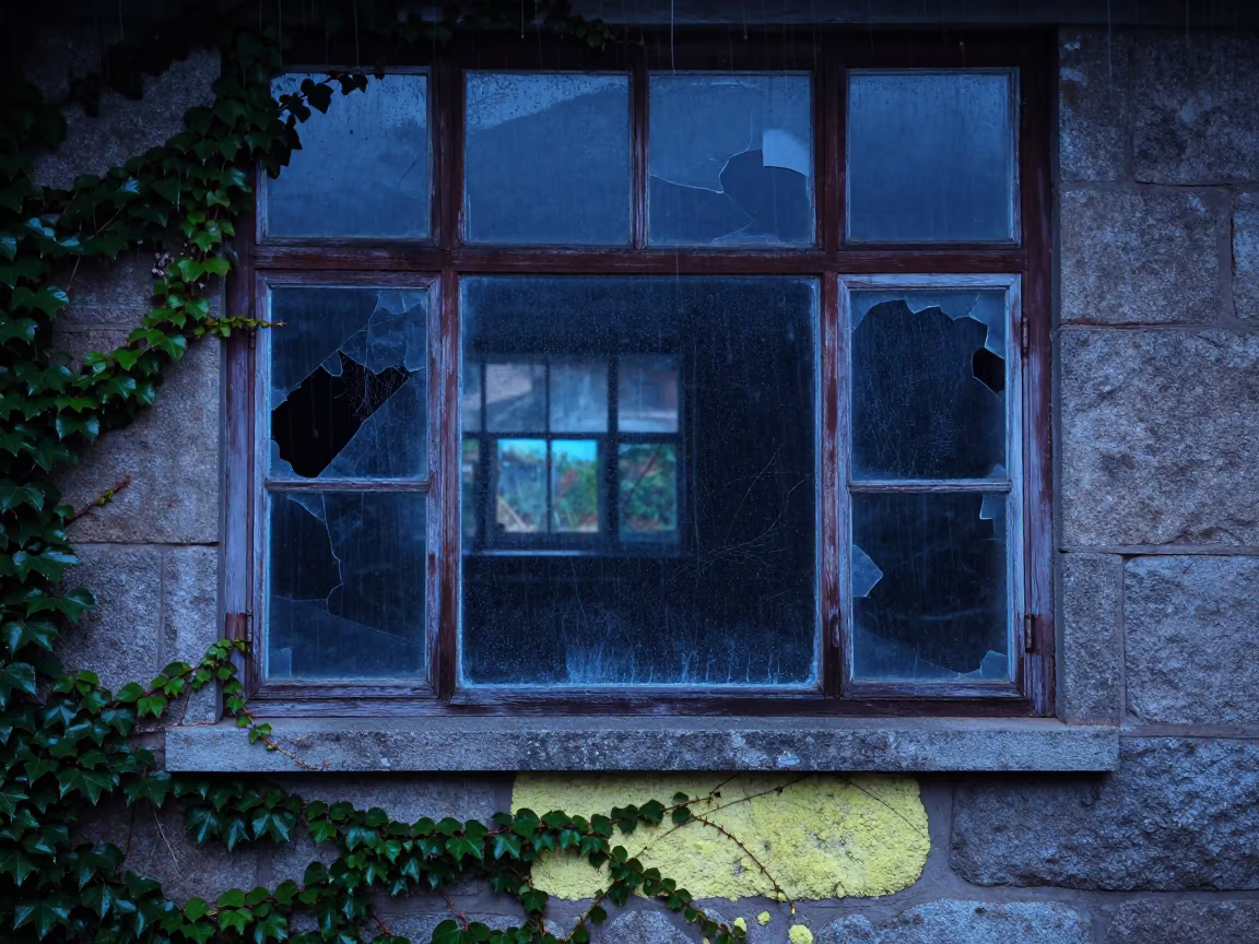 Rainy Blue Hour Chalkboard Ruin South Korea in beside ivy-draped masonry in South Korea