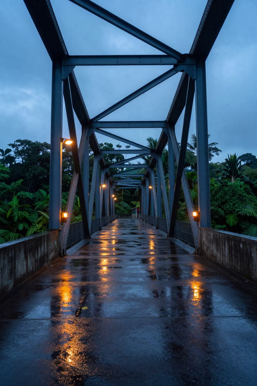 Rainy Blue Hour Costa Rica Drawbridge in along a bridge maintenance walkway in Costa Rica
