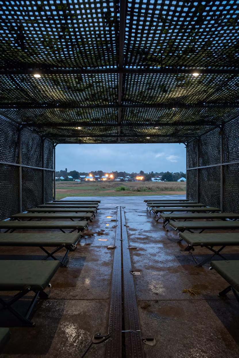 Rainy Blue Hour Hangar Threshold Malawi Olive Cots in beneath a camouflage net shelter in Malawi