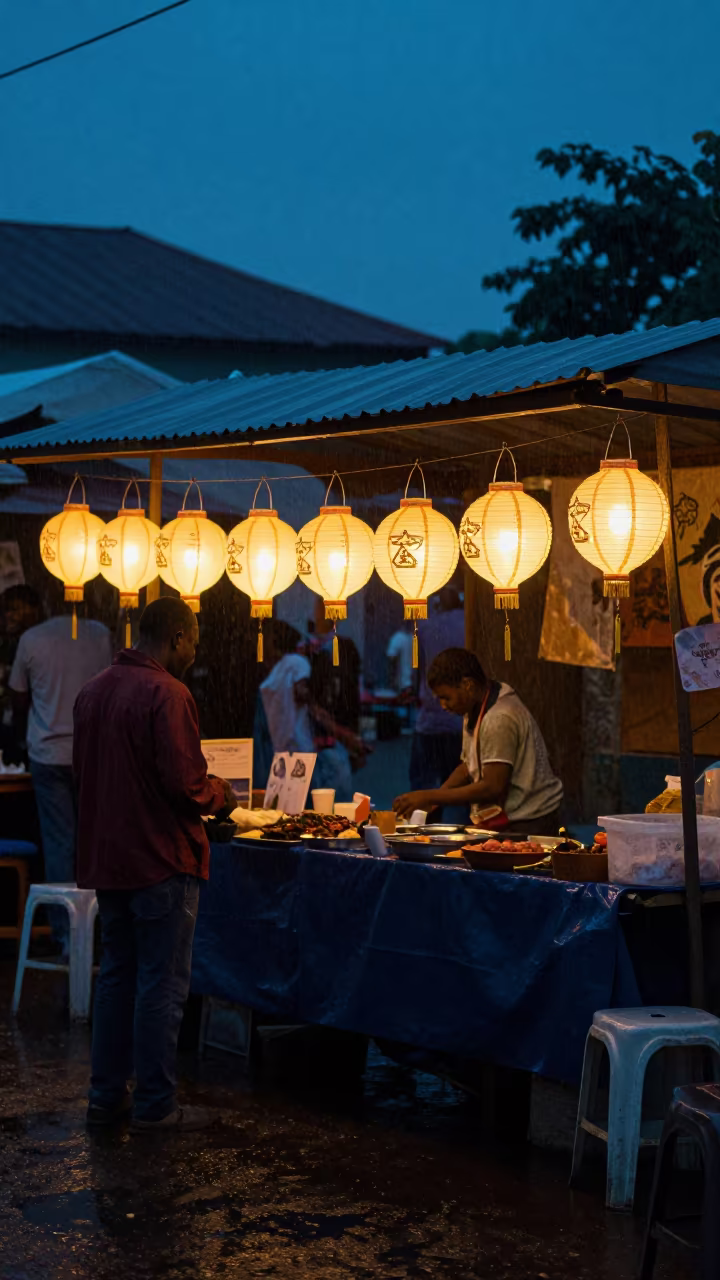 Rainy Blue Hour Lantern Stall Osogbo in at a festival street procession in Osogbo