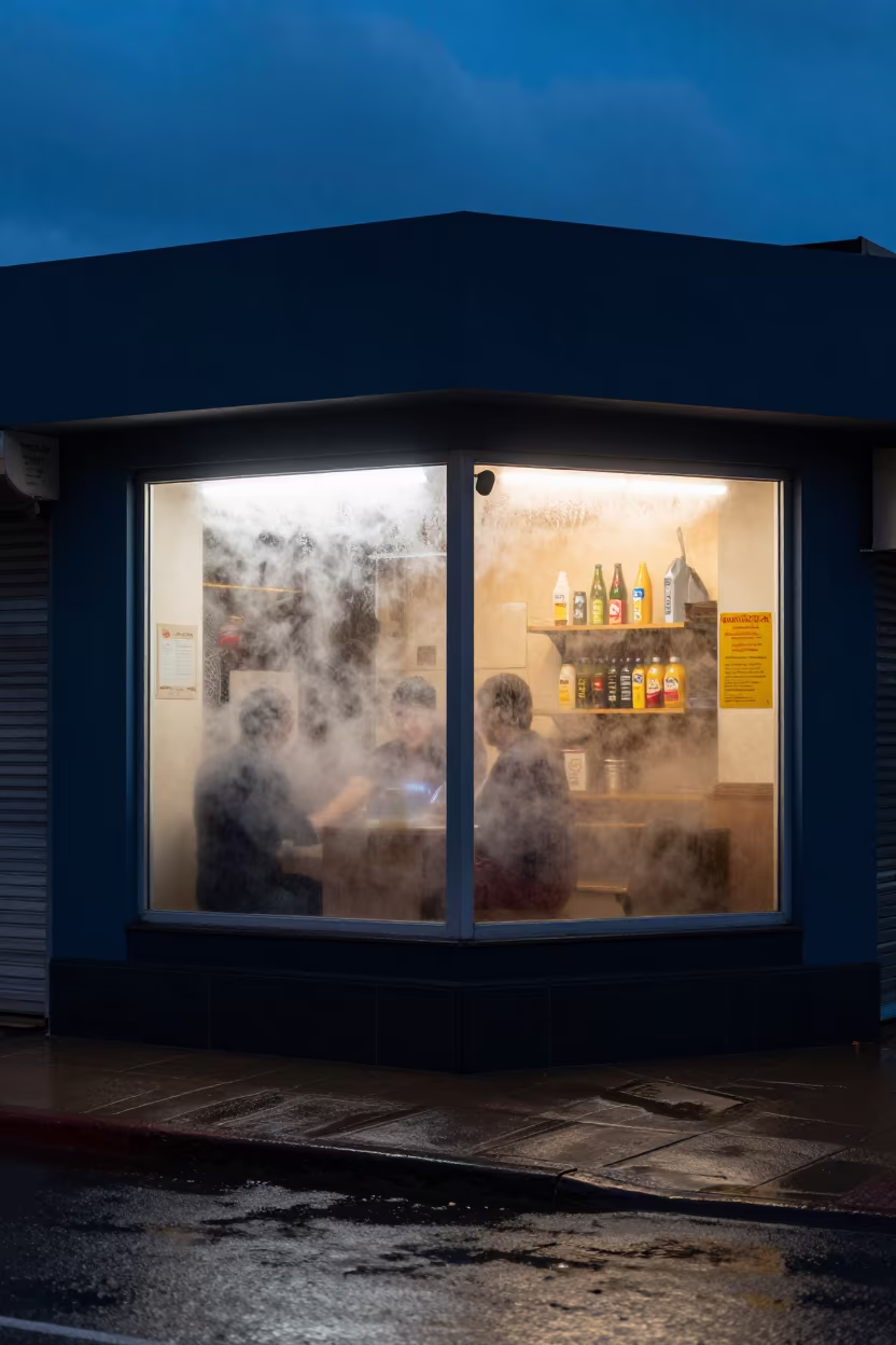 Rainy Blue Hour Ramen Shop Window in beneath a shop awning at blue hour in N'Djamena