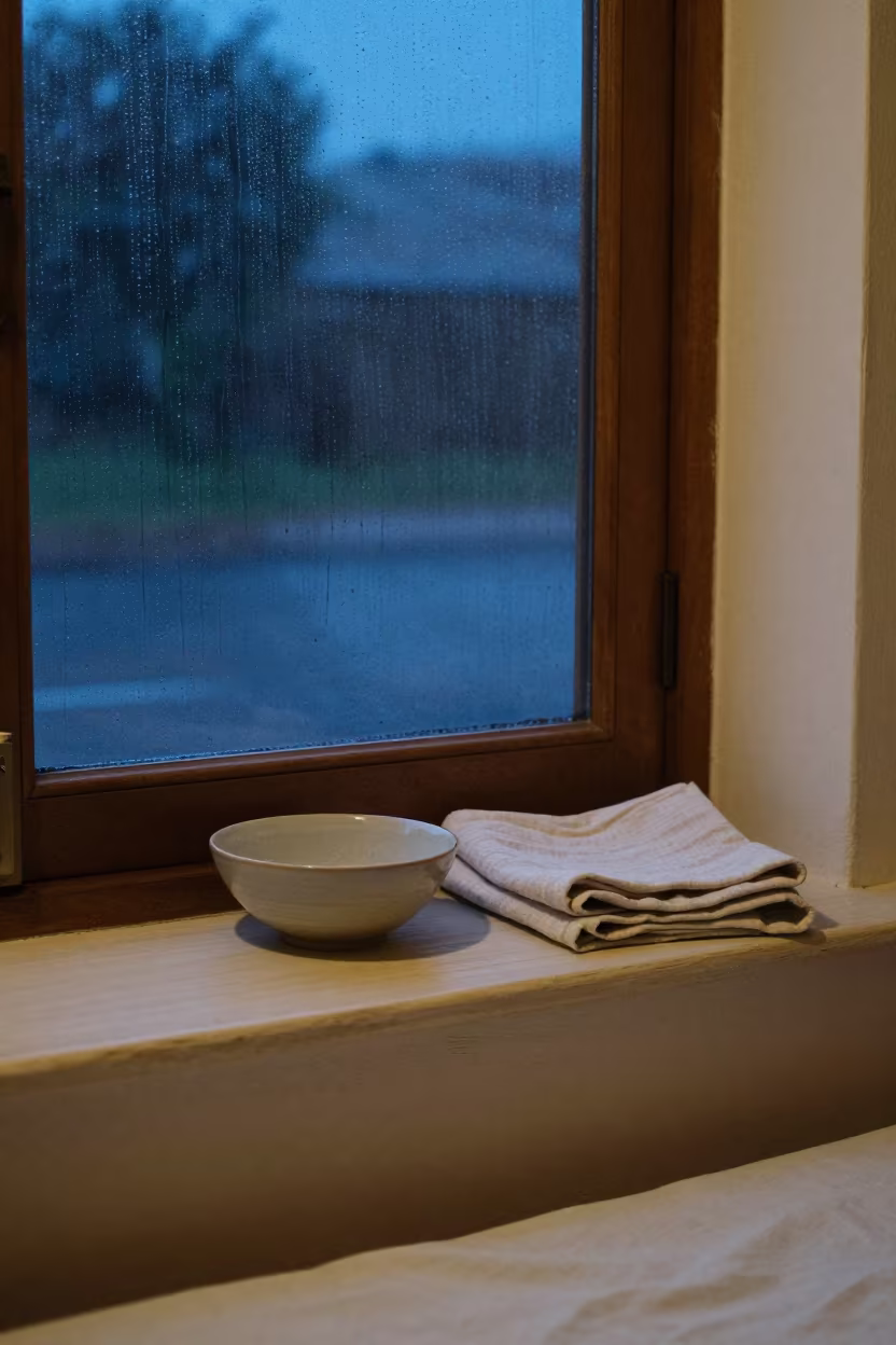 Rainy Blue Hour Still Life on Painted Sill in in a breakfast nook in Grand-Bassam