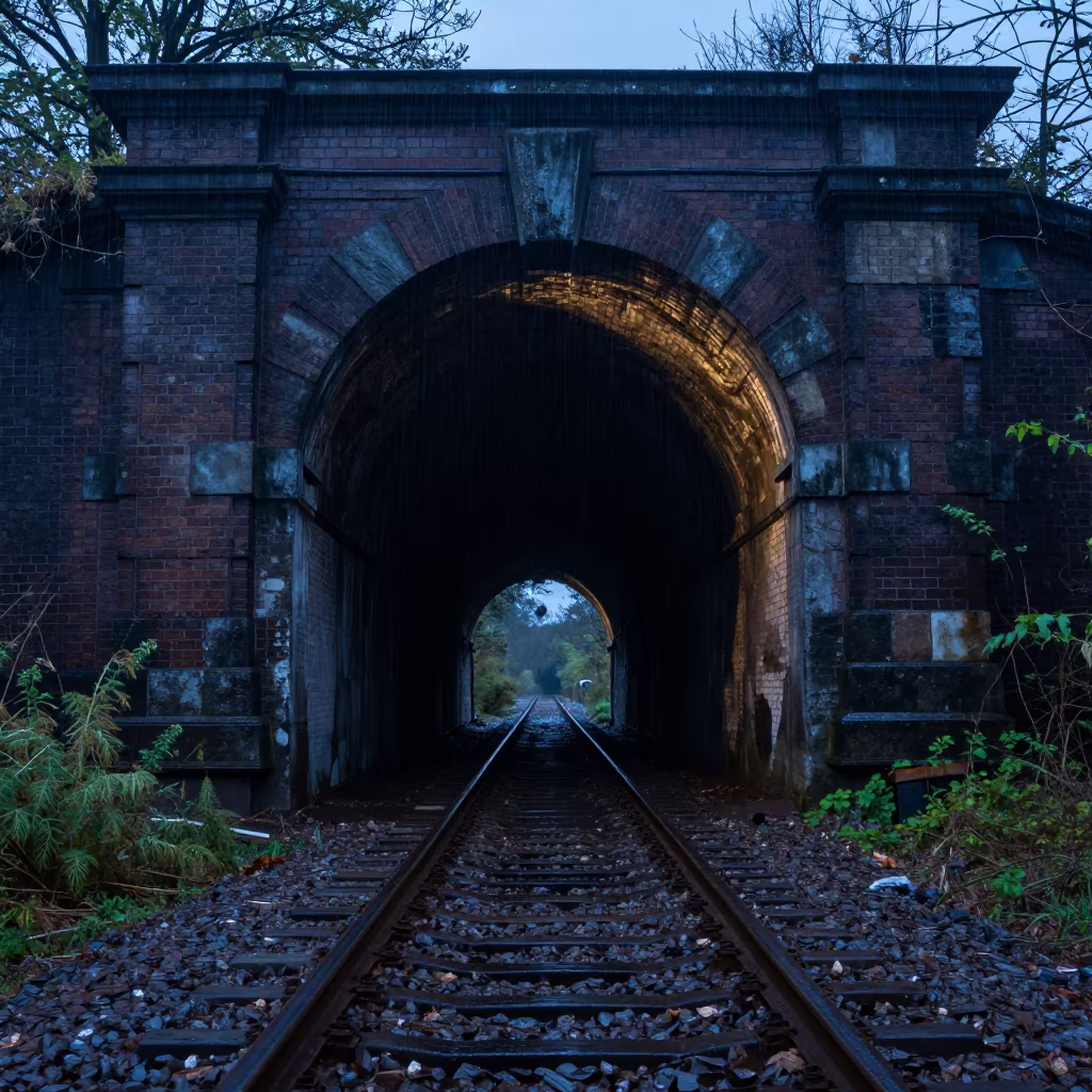 Rainy Blue Hour Tunnel Amidst Ruins in among toppled columns and nettles in Netherlands