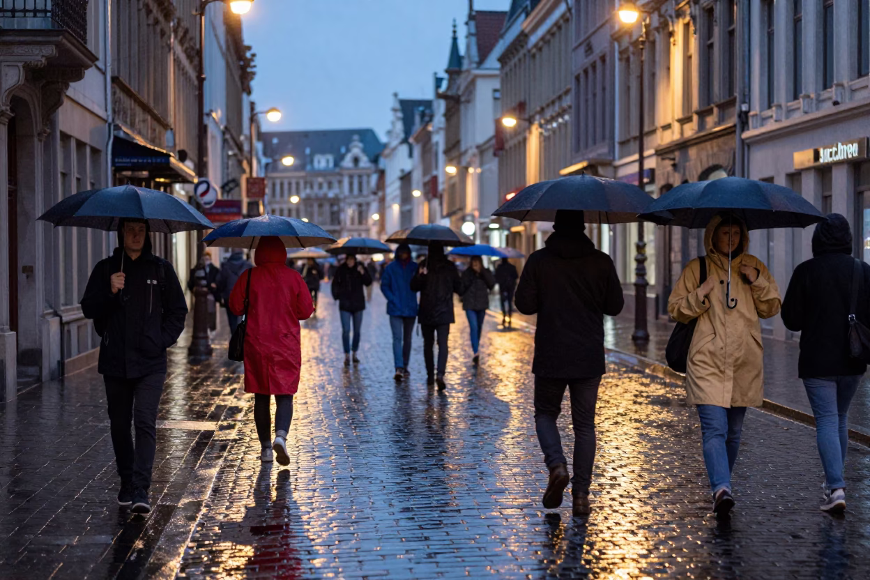 Rainy Brussels Blue Hour Street Scene with Umbrellas and Wet Cobblestones in in Brussels, Belgium