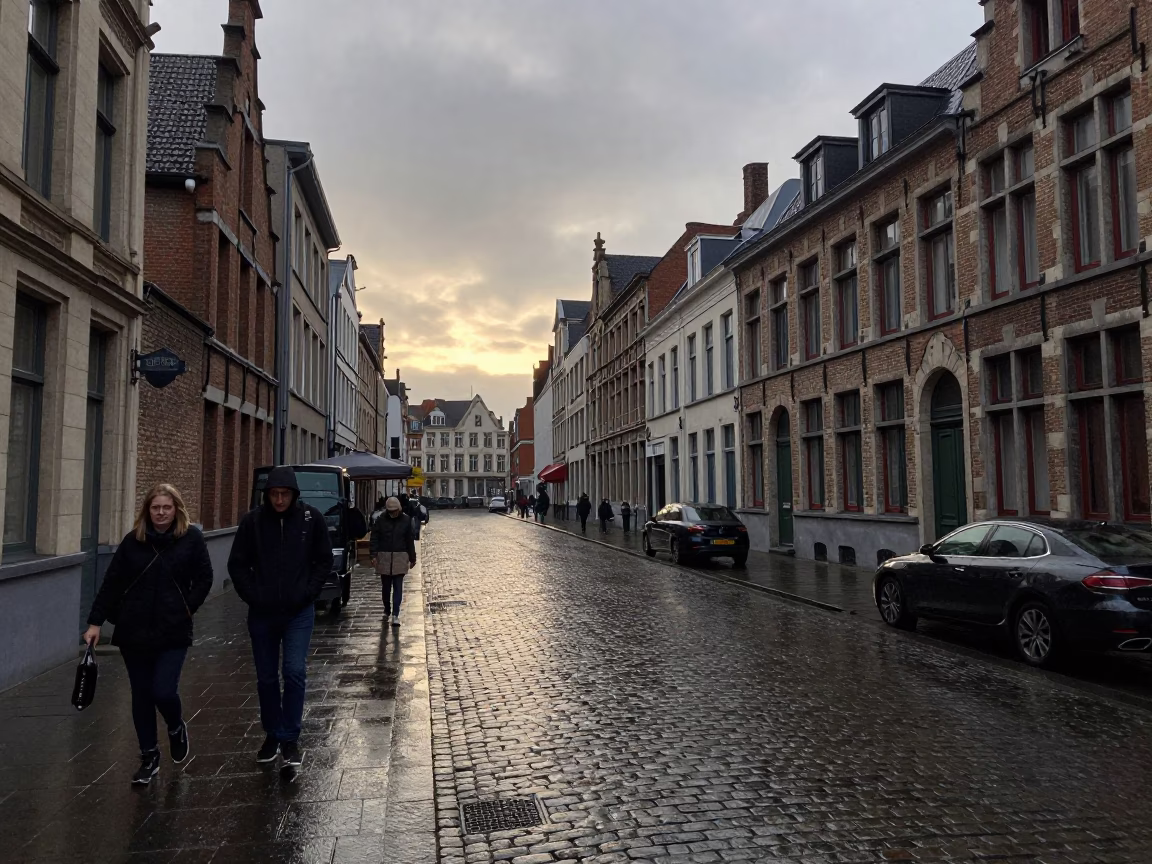 Rainy Brussels Dawn Street Scene with Wet Cobblestones and Brick Facades in in Brussels, Belgium