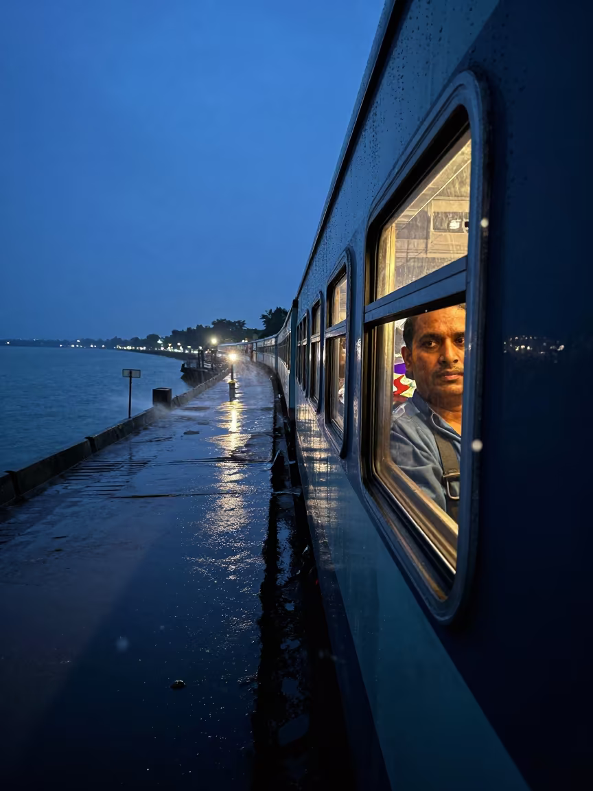 Rainy Bus Window Portrait at Pune Harbor Night in at a harbor edge in Pune
