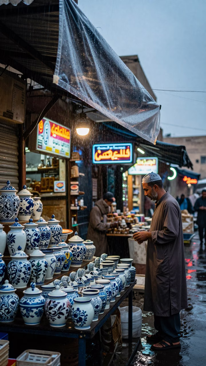 Rainy Cairo Dusk Street Vendor Porcelain Jars and Cup in in Cairo, Egypt