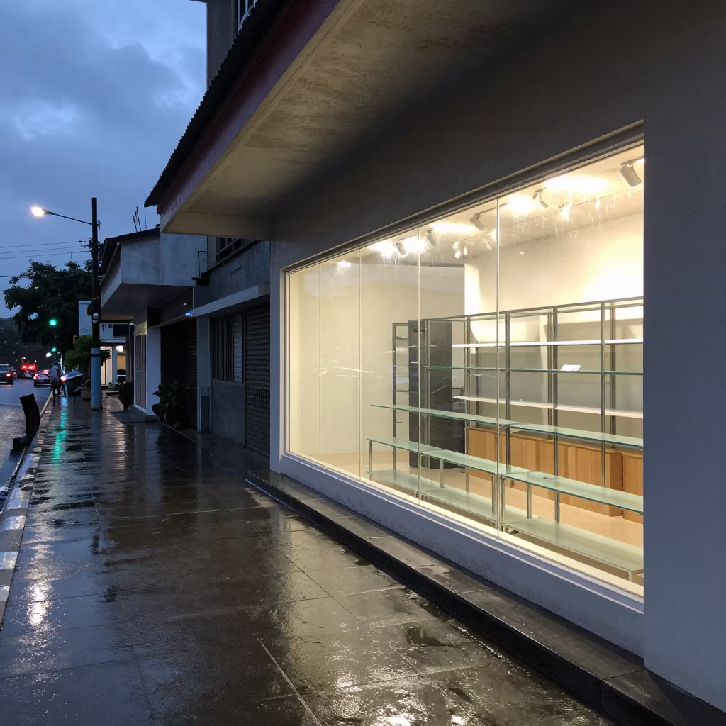 Rainy Cebu Storefront Display Cabinet Blue Hour in outside a shop window after rain in Cebu
