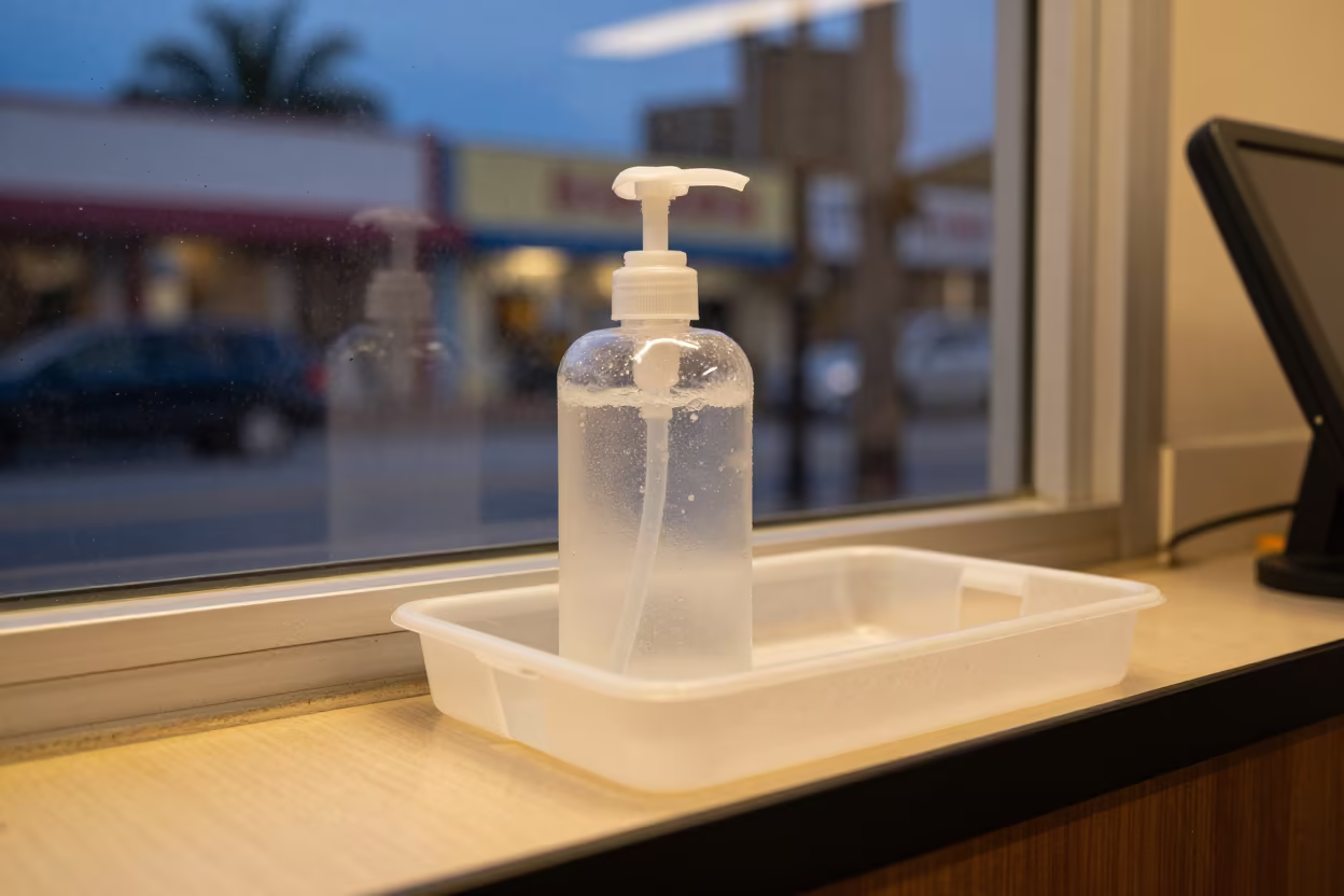 Rainy Checkout Sanitizer Tray Miami in at a checkout lane under flat store light in Little Havana, Miami