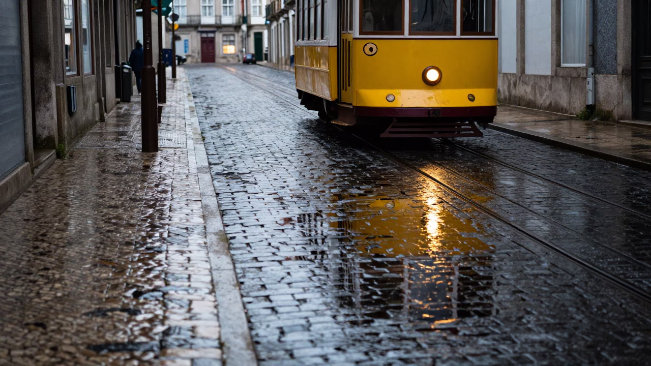 Rainy Cobblestone Street Reflection of Yellow Tram in Pre-Dawn Porto Portugal in in Porto, Portugal