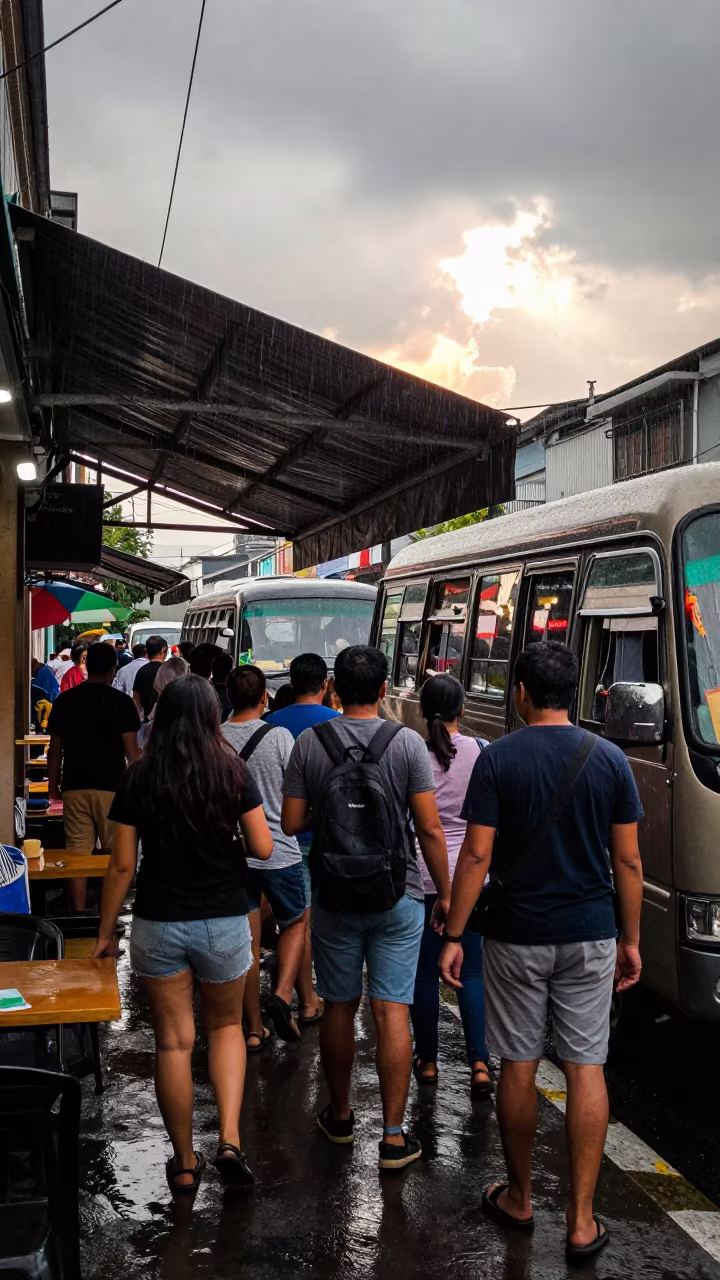 Rainy Commuters Under Binondo Cafe Awning in outside a corner cafe in Binondo, Manila