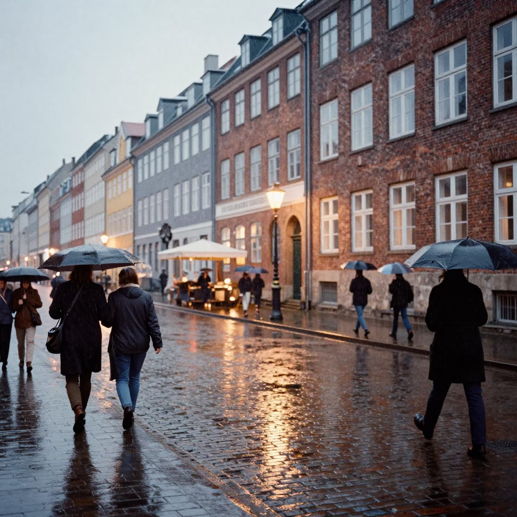 Rainy Copenhagen Dusk Street Scene with Pedestrians and Wet Cobblestones in in Copenhagen, Denmark