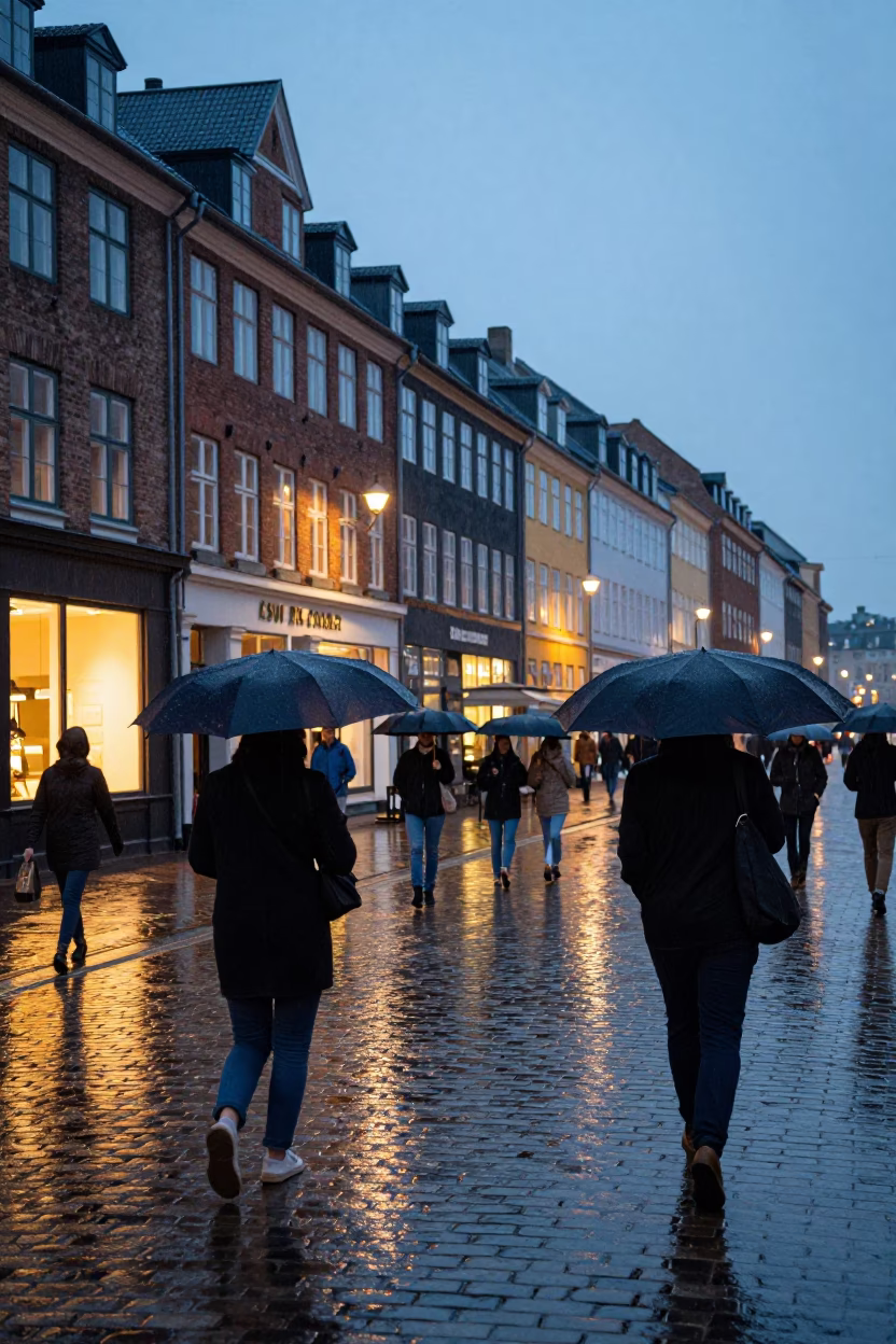 Rainy Copenhagen Dusk Street Scene with Umbrellas and Cobblestones in in Copenhagen, Denmark