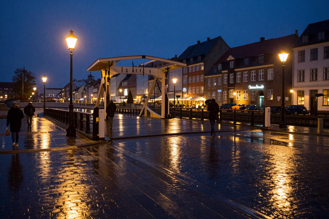Rainy Copenhagen Midnight Street Scene with Lacquered Drawbridge Deck and River Reflections in in Copenhagen, Denmark