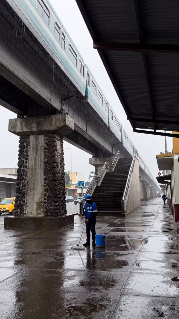 Rainy Dawn Cleaner Under Arequipa Overpass in under an elevated train line in Arequipa