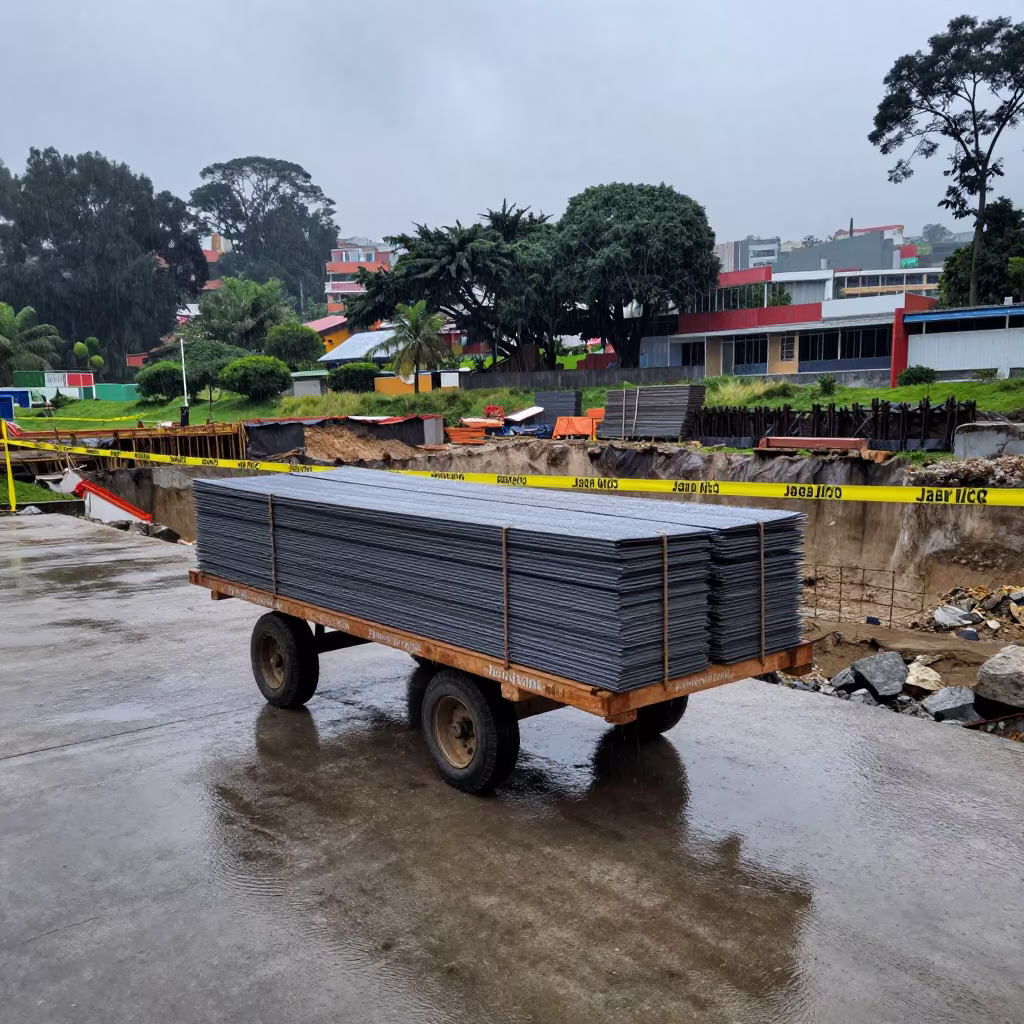 Rainy Dawn Construction Cart Near Jardin Botanico in inside a taped-off excavation edge near Jardin Botanico, Medellin