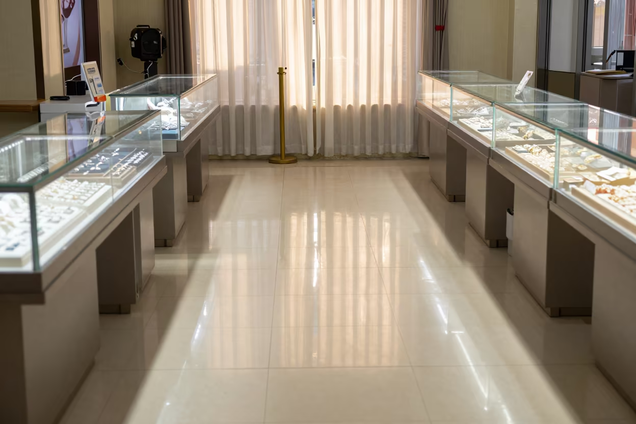 Rainy Dawn Jewelry Display in Fuzhou Retail in inside a retail floor display area in Fuzhou