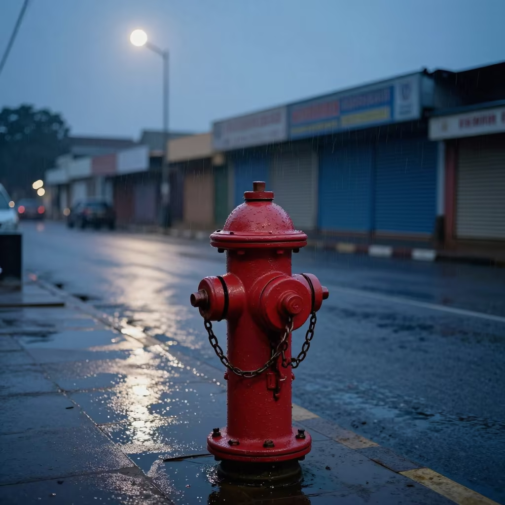 Rainy Dawn Kano Hydrant Meter Chain in along a shuttered arcade in Kano