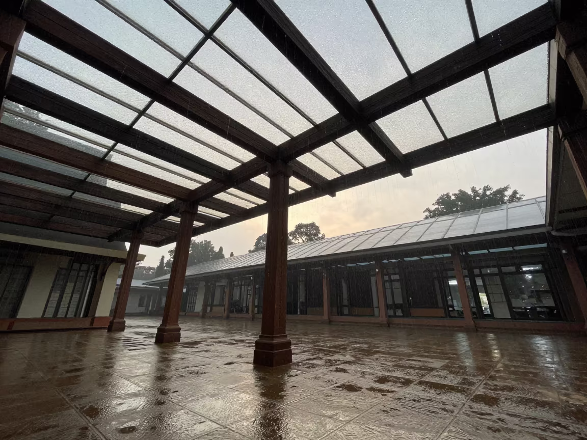 Rainy Dawn Light in Juba Glass Arcade Courtyard in inside a glass-roofed arcade near Juba
