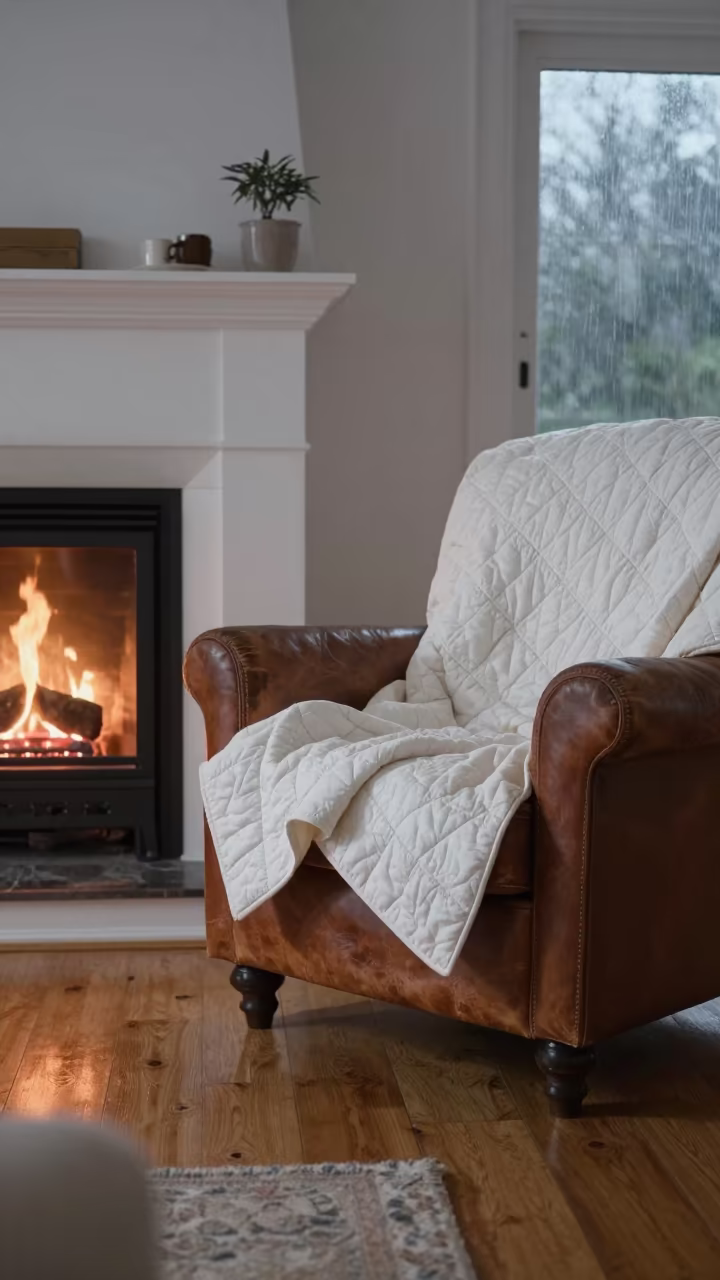 Rainy Dawn Quilt on Leather Chair Near Fireplace in on a worn leather armchair near Kisii