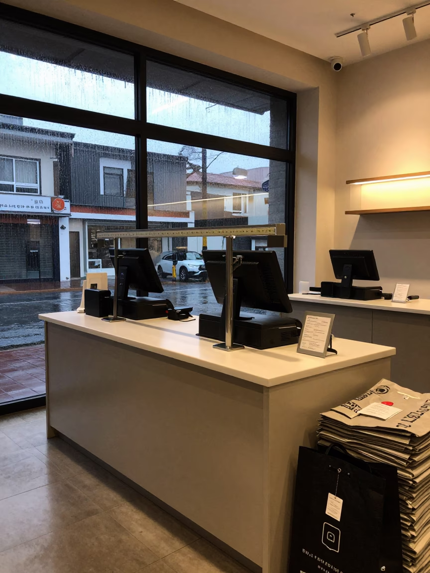 Rainy Dawn at Quito Retail Counter in at a cash wrap counter with bags stacked nearby near Quito