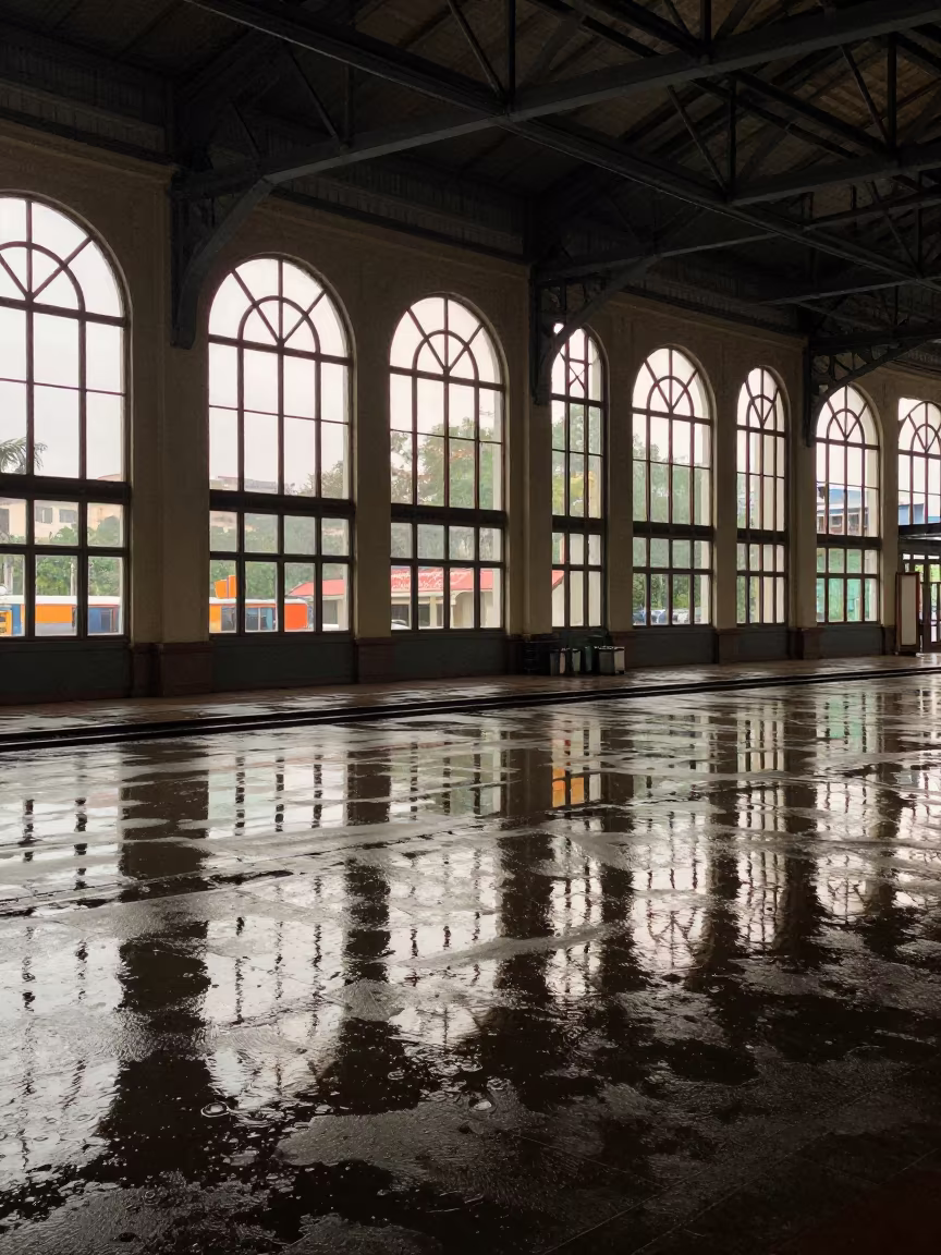 Rainy Dawn Reflection in Cholon Train Terminal in inside a restored train terminal in Cholon, Ho Chi Minh City
