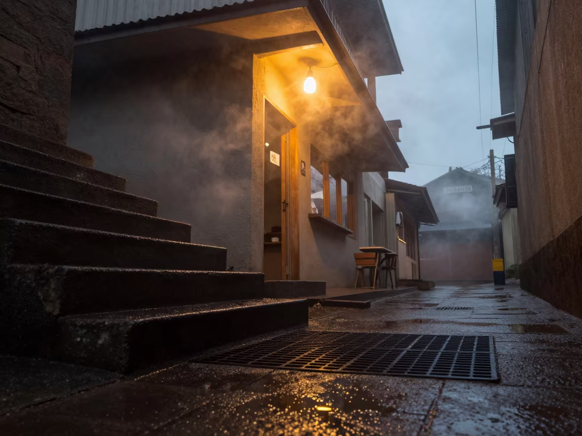 Rainy Dawn Staircase Steam in Mutare Alley in outside a corner cafe in Mutare