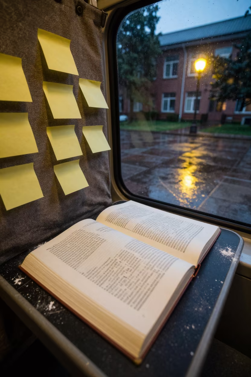 Rainy Dawn Study Carrel with Sticky Notes and Chalk Dust in across a rain-washed campus courtyard in Changchun