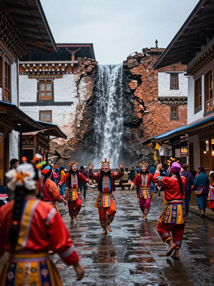 Rainy Dawn Tshechu Dancers Sovabazar Market in along a market lane in Sovabazar, Kolkata