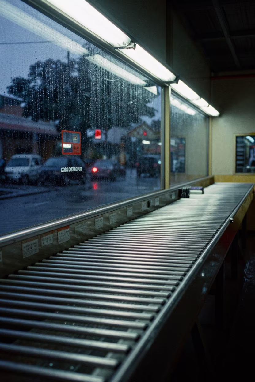 Rainy Dawn Weighing Scale at Puerto Ayacucho Checkout in at a checkout lane under flat store light in Puerto Ayacucho