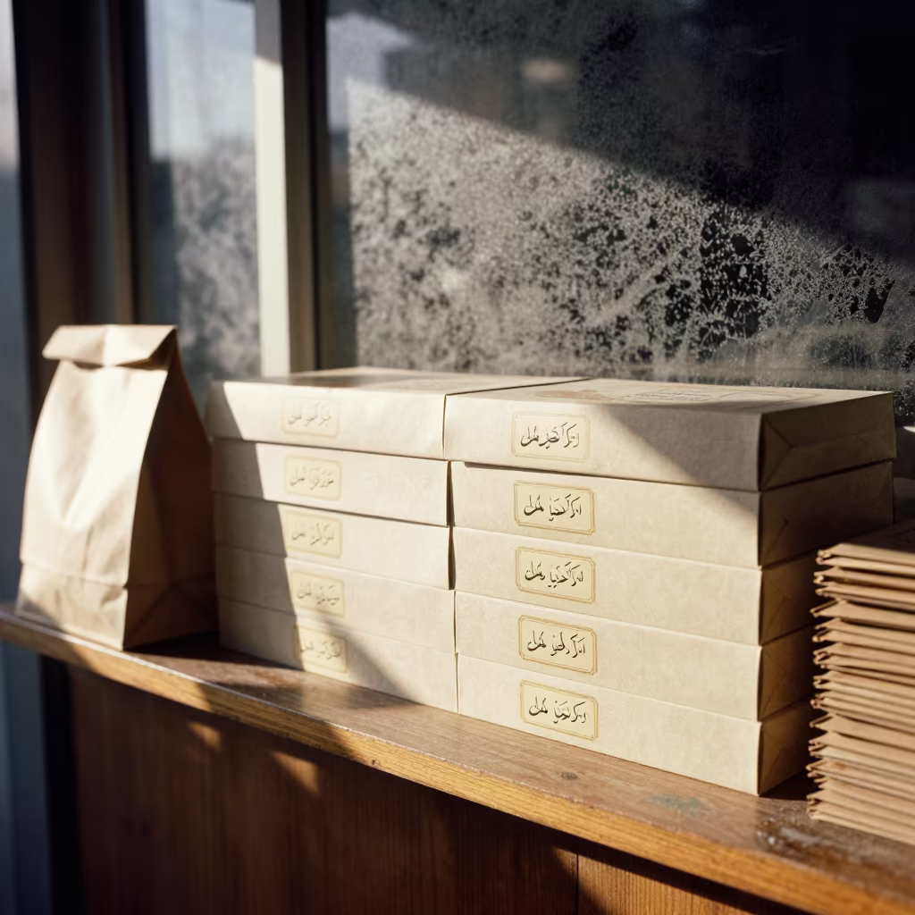 Rainy Day Bakery Shelf With Bags in Lahore in at a cash wrap counter with bags stacked nearby near Lahore