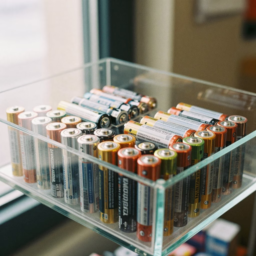 Rainy Day Battery Display Near Turin Storefront in inside a storefront prepared for opening near Turin
