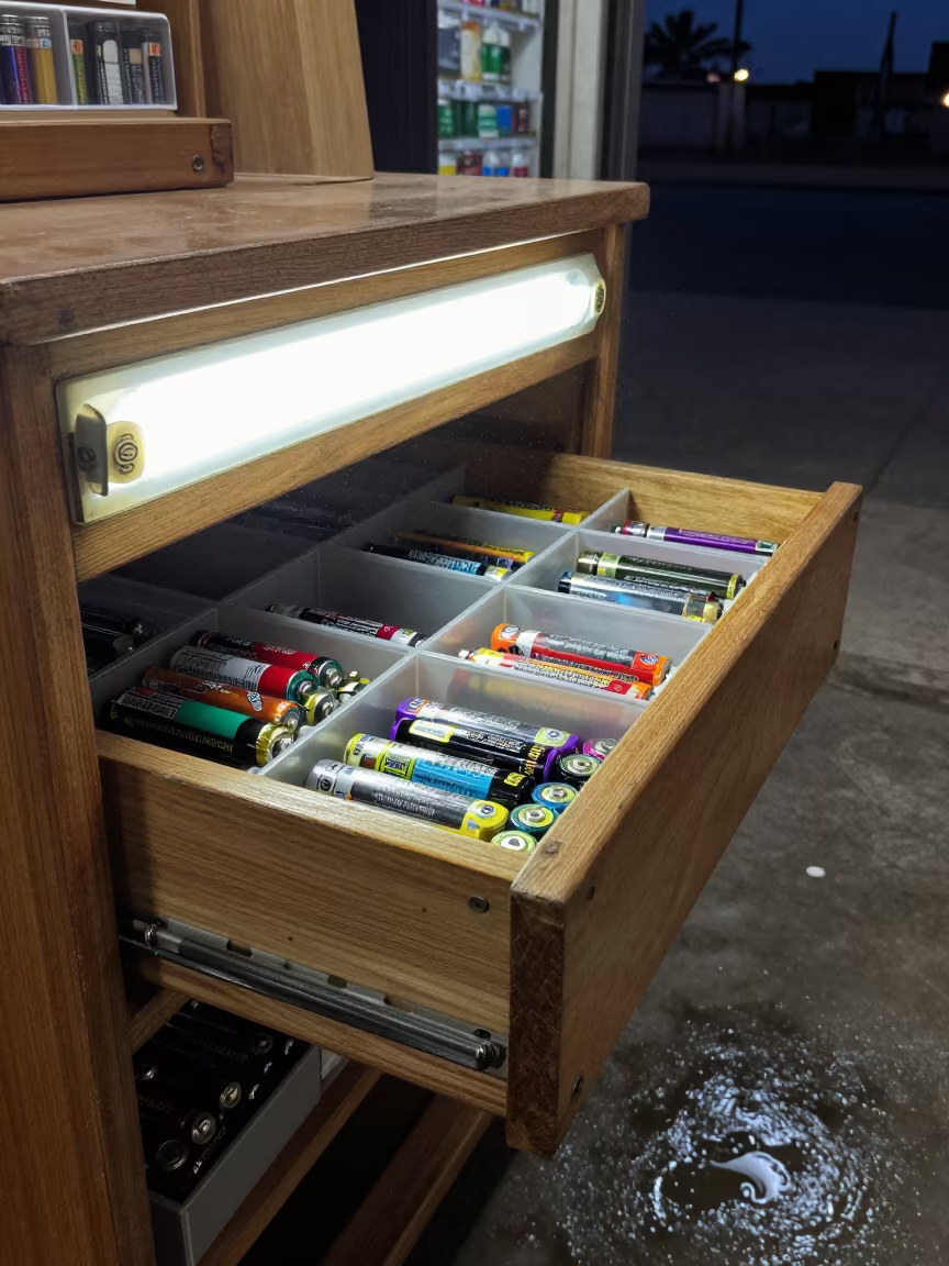 Rainy Day Toy Battery Drawer Kaolack in at a checkout lane under flat store light near Kaolack