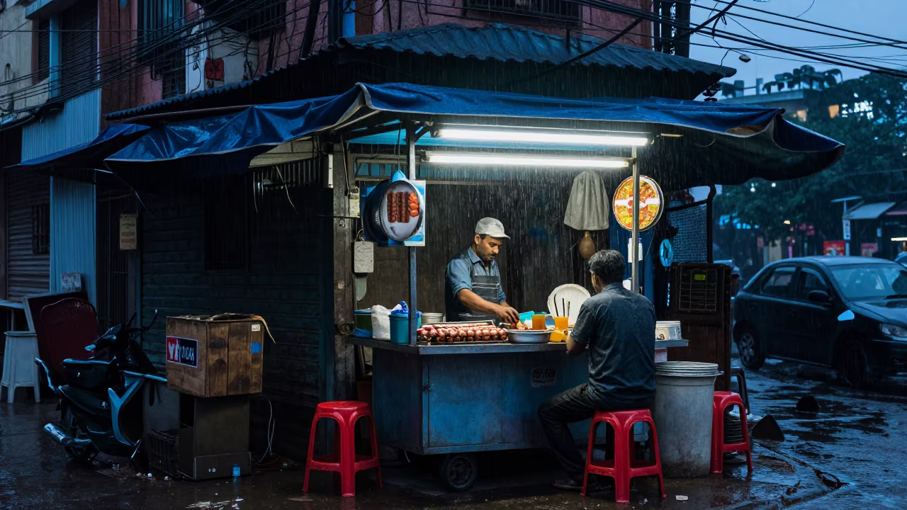 Rainy Dhaka Hot Dog Stand Closing Time in beneath a flickering underpass light in Dhaka