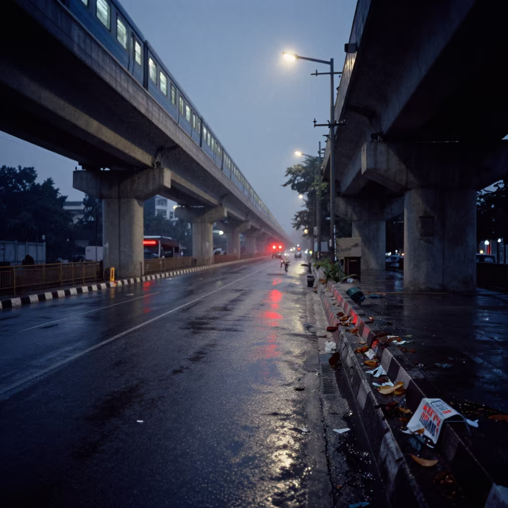 Rainy Dhaka Overpass Ramp Reflecting Brake Lights in under an elevated train line in Dhaka
