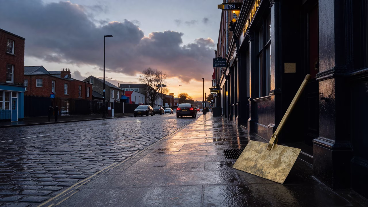 Rainy Dublin Evening Street Scene with Boot Scraper and Cobblestone Puddle Reflections in in Dublin, Ireland