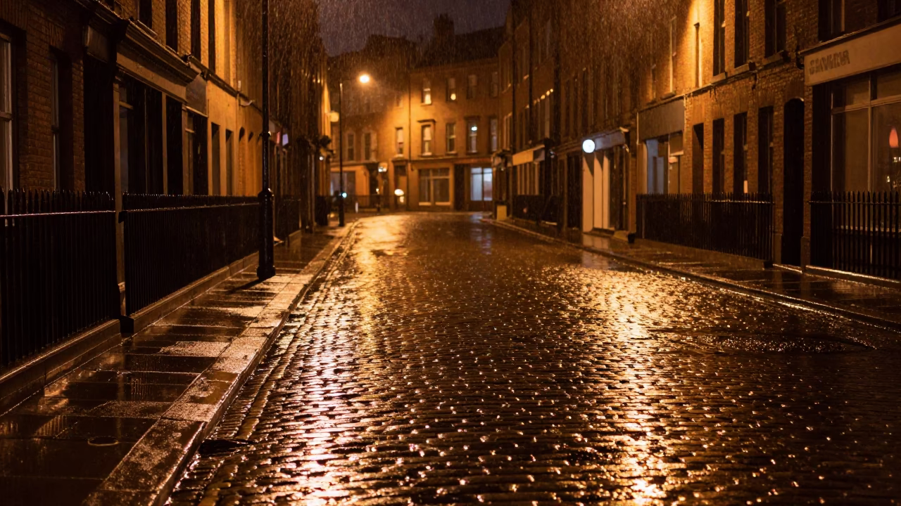 Rainy Dublin Night Street Scene with Cobblestones and Wet Leaves in in Dublin, Ireland