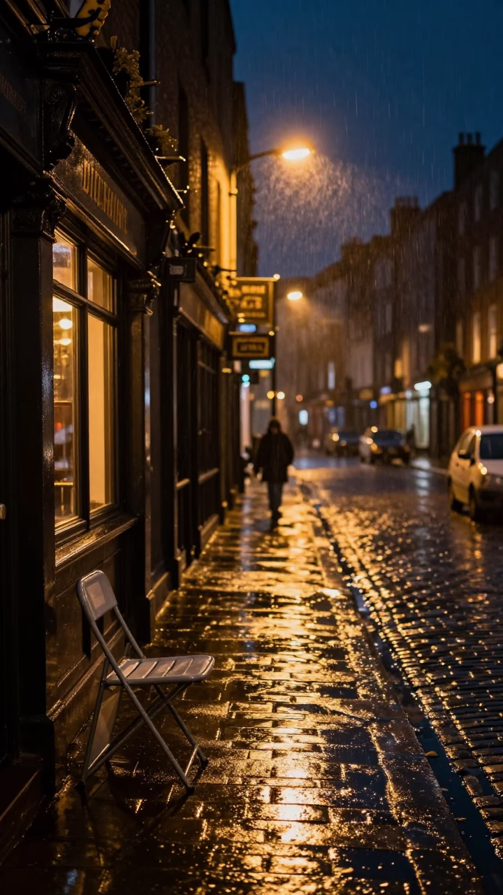 Rainy Dublin Night Street Scene with Folding Chair and Basket Tray in in Dublin, Ireland