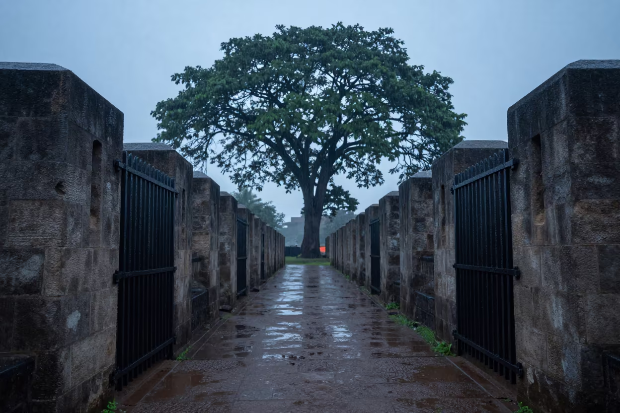 Rainy Dusk Barbican with Giant Flower in inside a skylit passageway near Jalingo