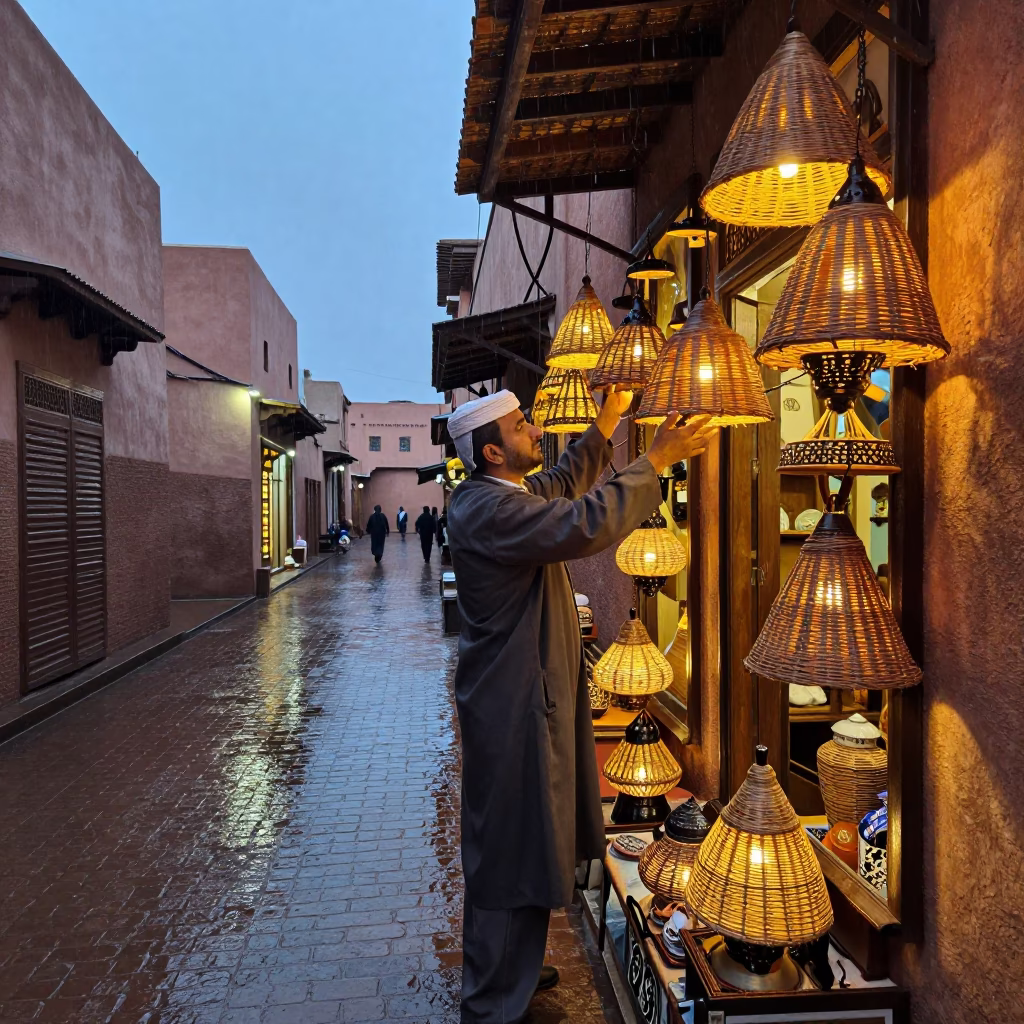 Rainy Dusk in Marrakech Medina Shopkeeper Adjusts Wicker Lamp Shade in in Marrakech, Morocco