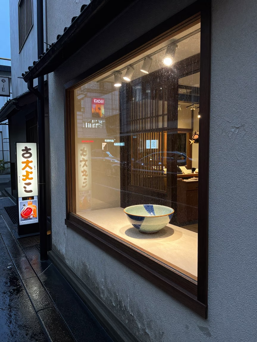 Rainy Dusk in Osaka Shop Window Display with Peeling Paint in in Osaka, Japan